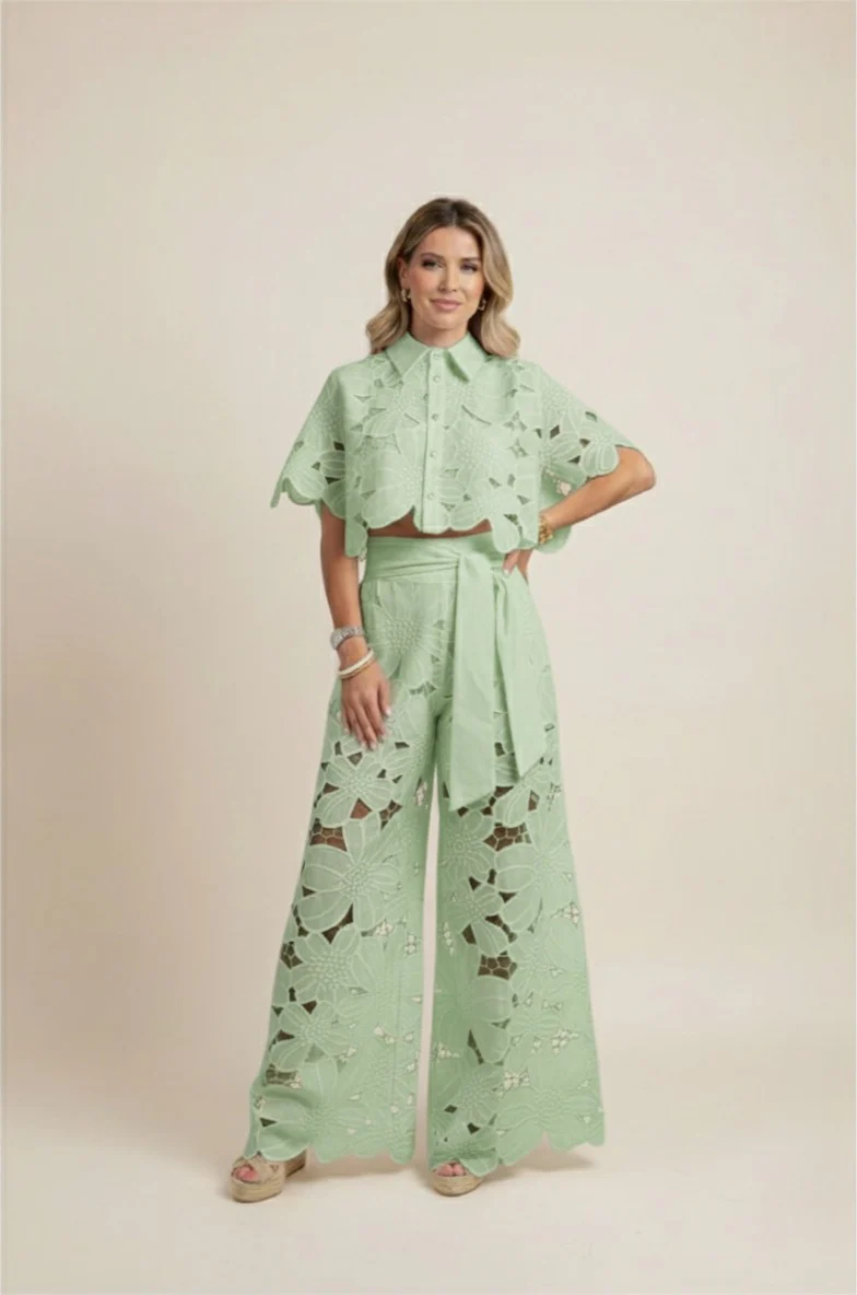 Floral Lace Cut-Out Cropped Shirt and Wide-Leg Trousers Set - Image 9