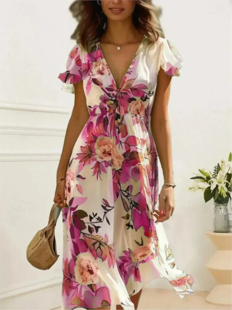 Floral Print Midi Dress – Chic Lace-Up Deep V Neck Summer Style - Image 5