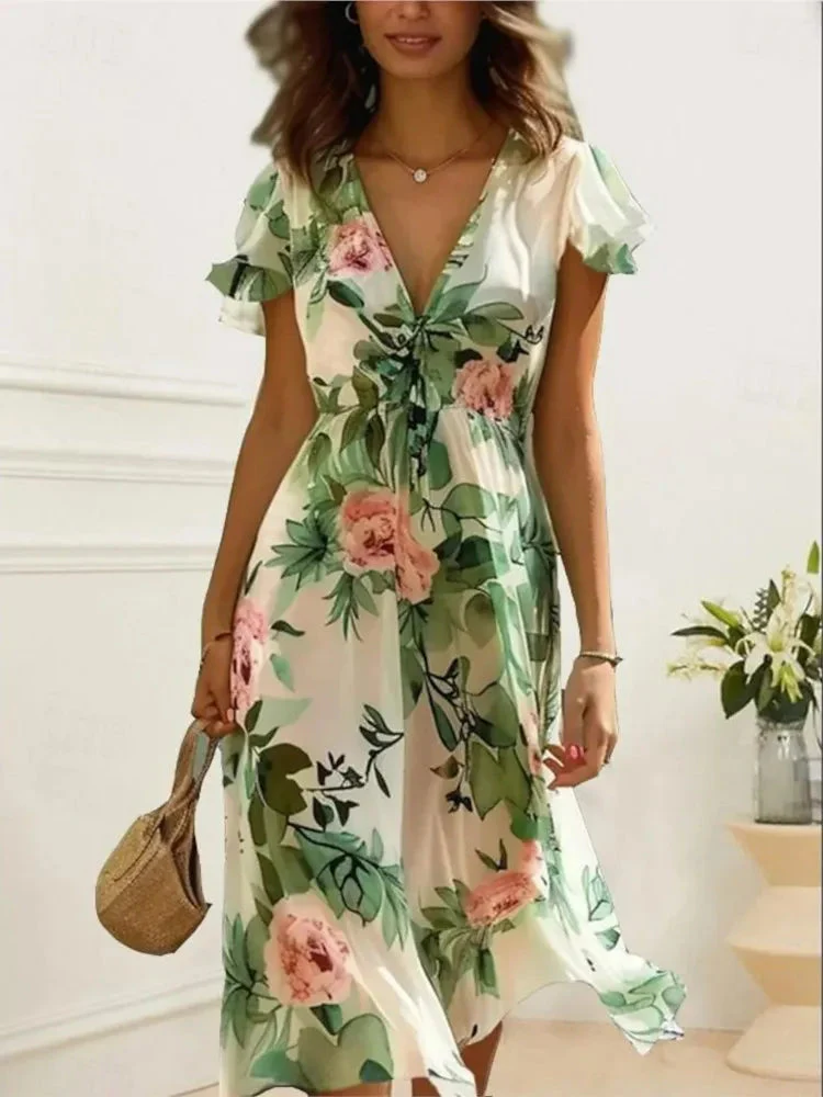 Floral Print Midi Dress – Chic Lace-Up Deep V Neck Summer Style - Image 6