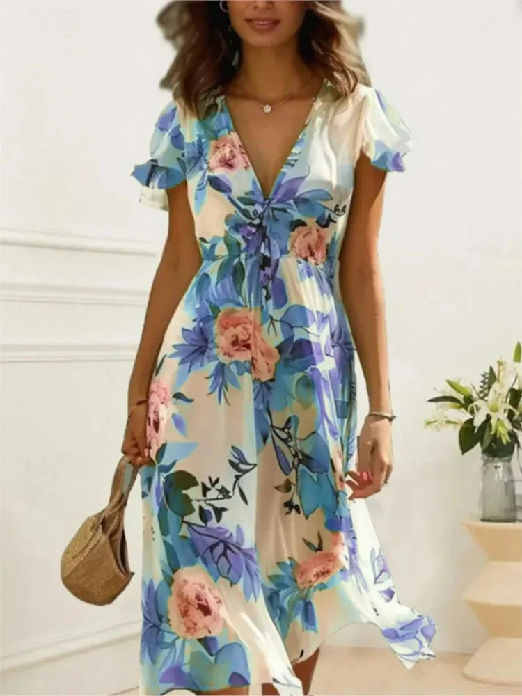 Floral Print Midi Dress – Chic Lace-Up Deep V Neck Summer Style - Image 7
