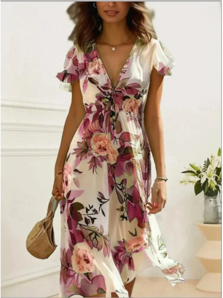 Floral Print Midi Dress – Chic Lace-Up Deep V Neck Summer Style - Image 8