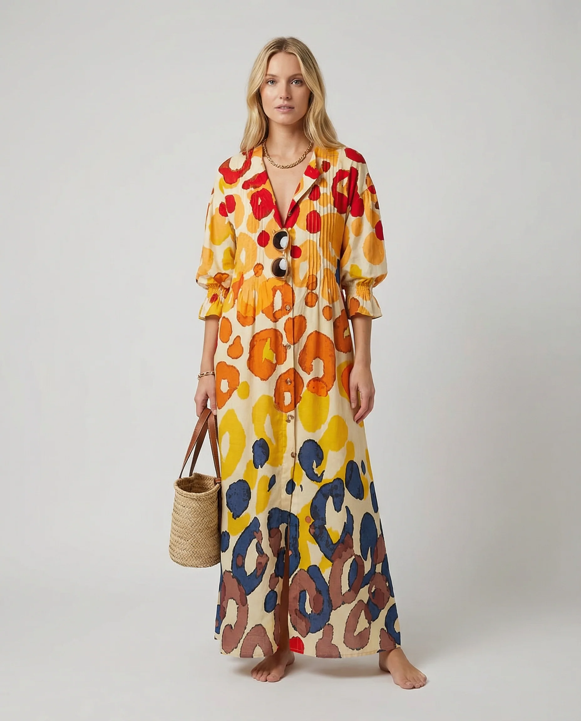 Geometry Circle Print Dress – Vintage Puff Sleeve A-Line Summer Style - Image 2