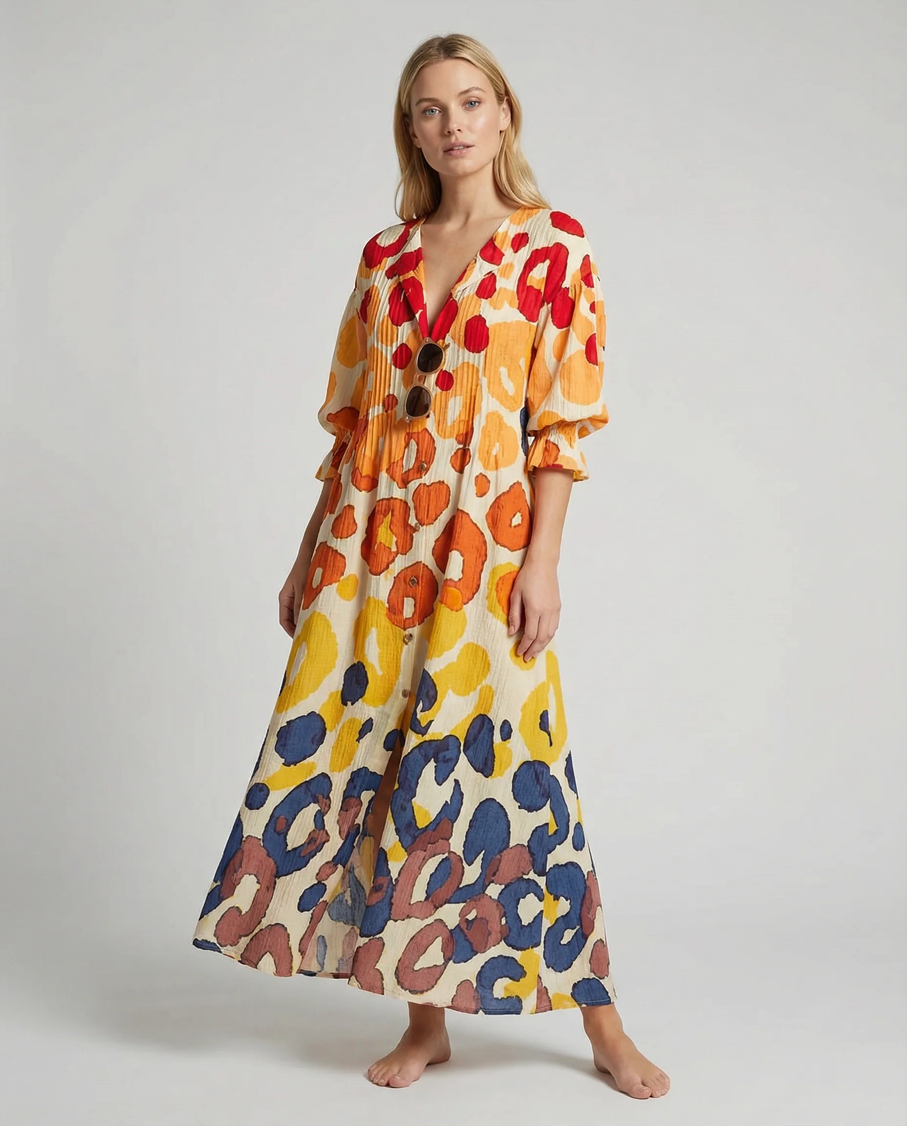 Geometry Circle Print Dress – Vintage Puff Sleeve A-Line Summer Style - Image 3