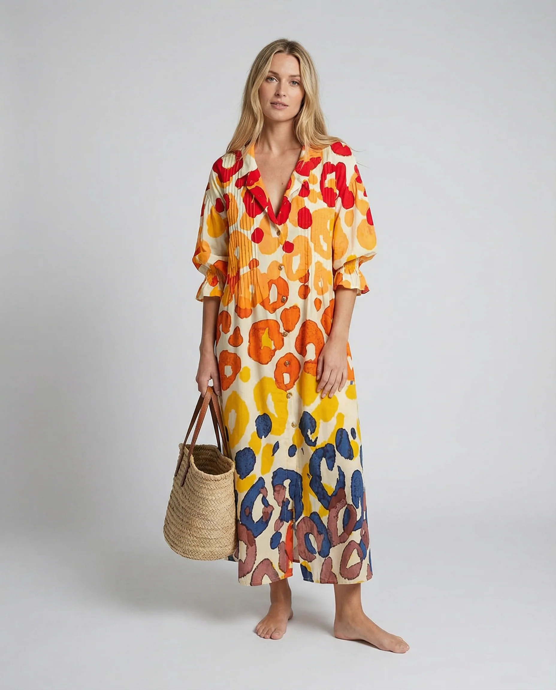 Geometry Circle Print Dress – Vintage Puff Sleeve A-Line Summer Style - Image 4