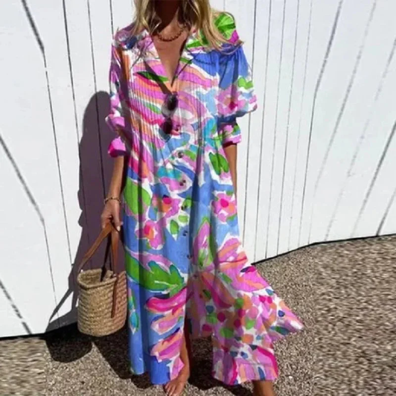 Geometry Circle Print Dress – Vintage Puff Sleeve A-Line Summer Style - Image 7
