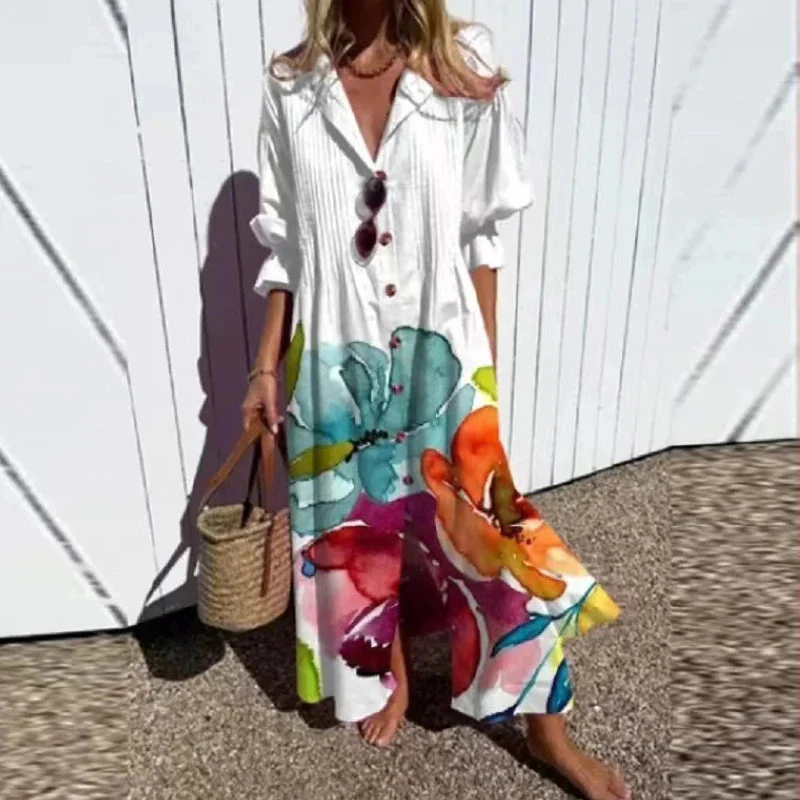 Geometry Circle Print Dress – Vintage Puff Sleeve A-Line Summer Style - Image 9