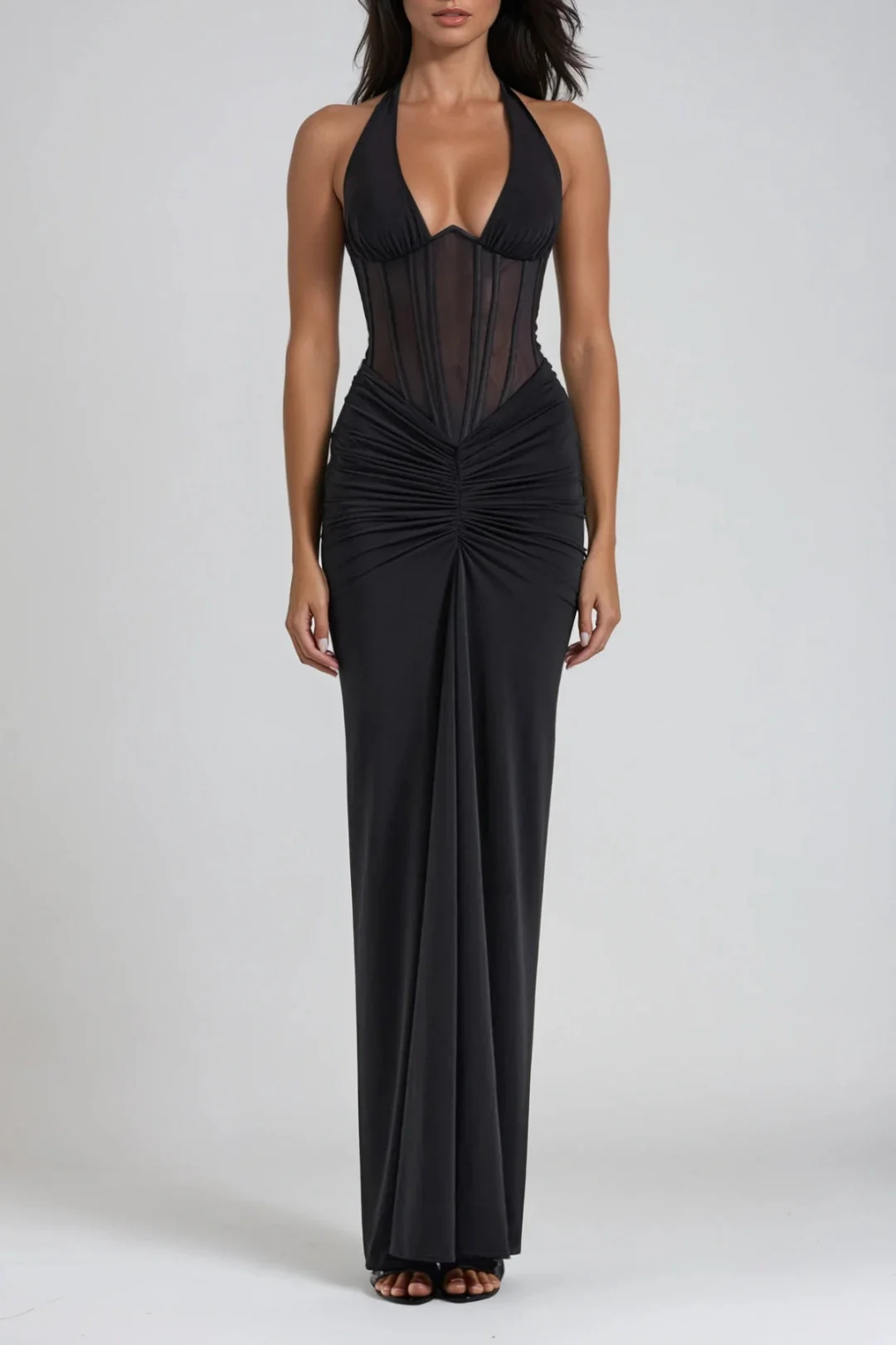 Halter Neck Corset Bodice Ruched Maxi Dress