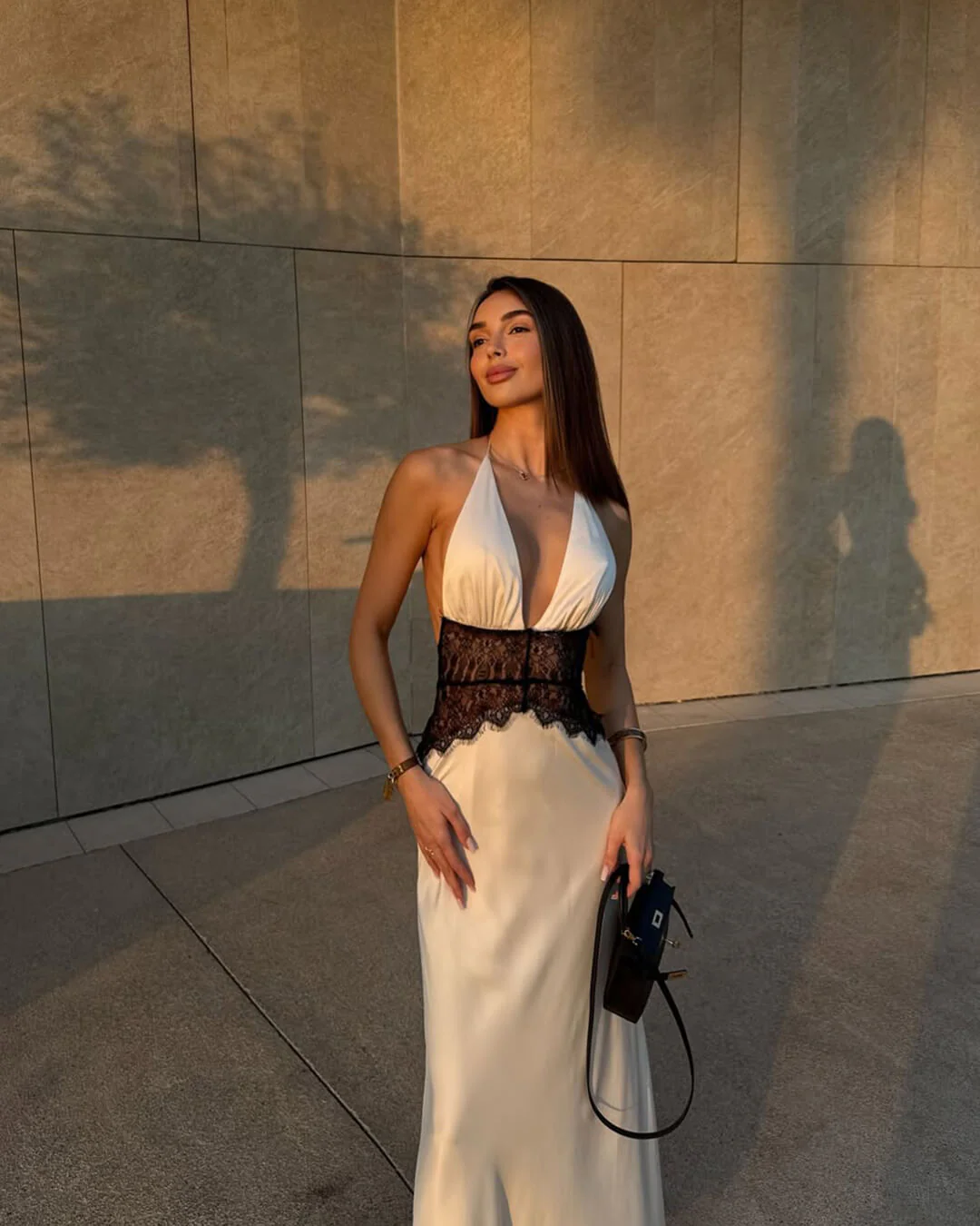 Halter Neck Satin Maxi Dress with Lace Waist Panel - Image 3