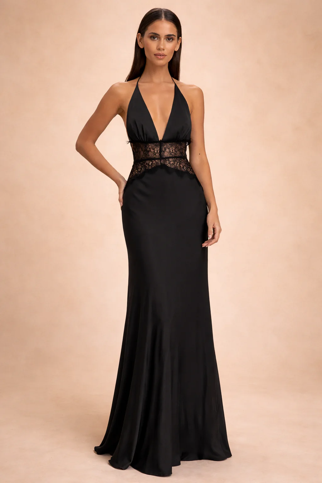 Halter Neck Satin Maxi Dress with Lace Waist Panel - Image 6