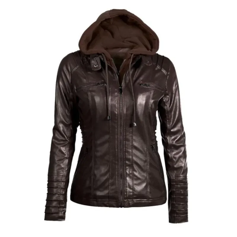 Women's Hooded Faux Leather Jacket - Image 11