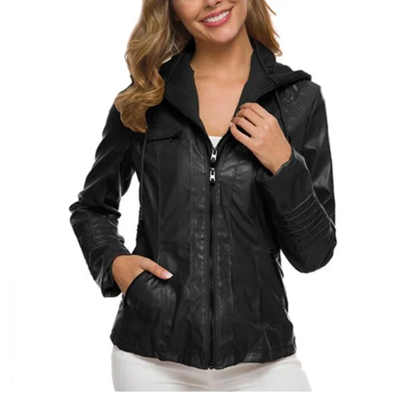 Women's Hooded Faux Leather Jacket - Image 4