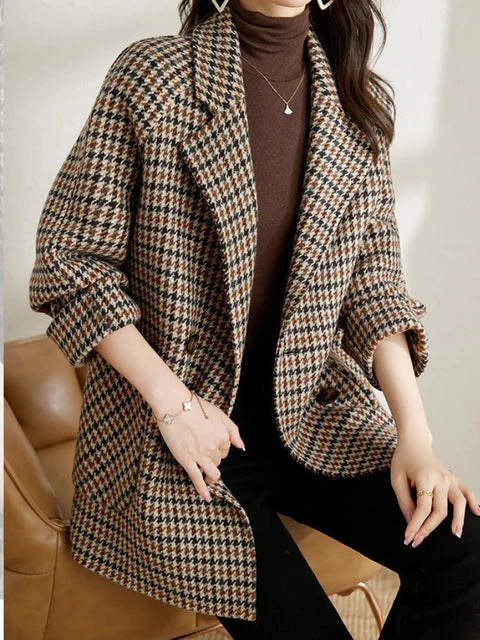 Houndstooth Long Blazer Jacket – Oversized Check Coat - Image 2