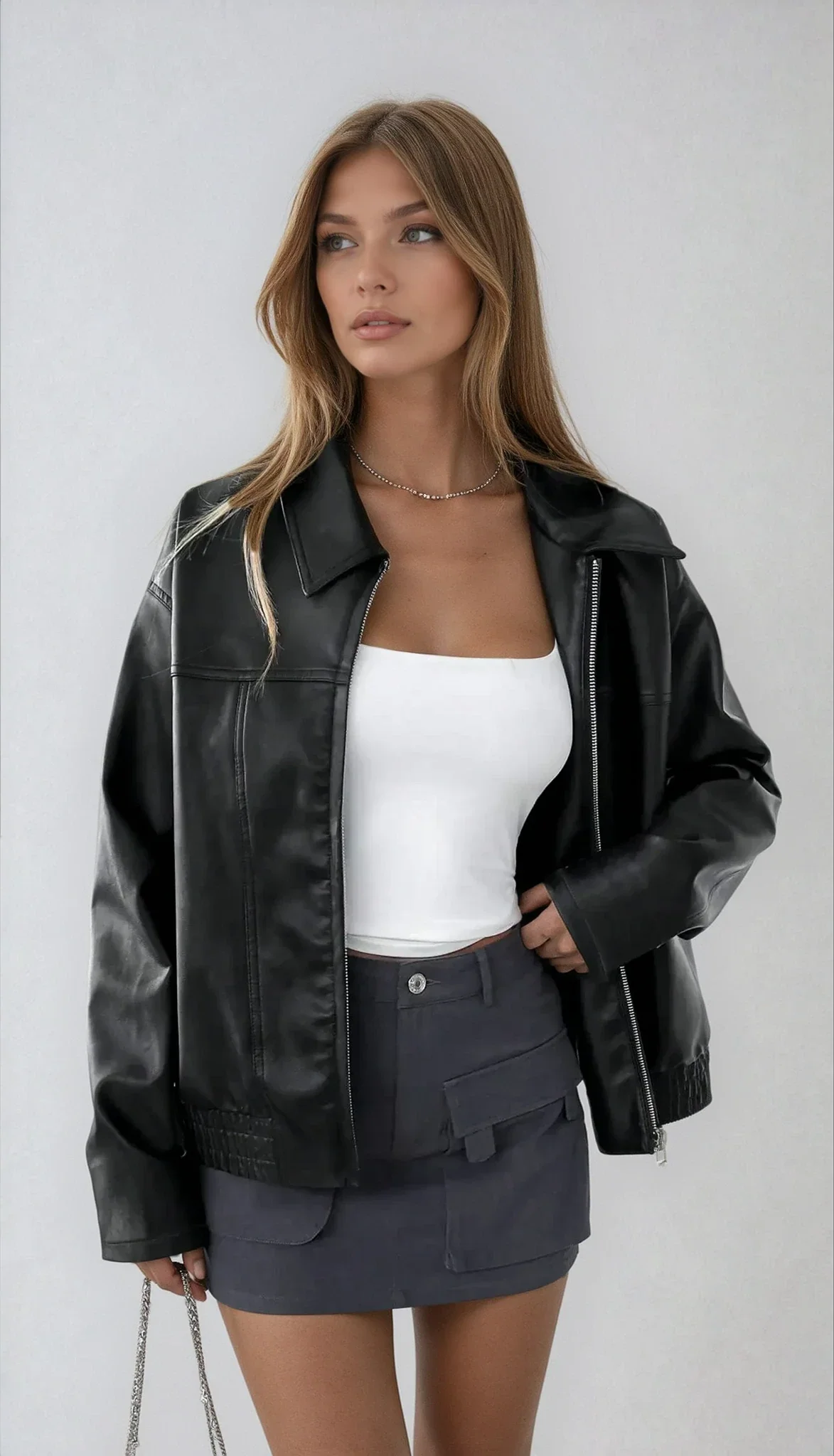 Women's Casual Black Faux Leather Jacket - Image 2