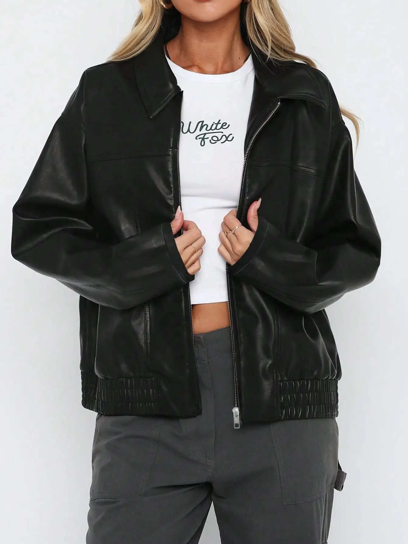 Women's Casual Black Faux Leather Jacket - Image 8