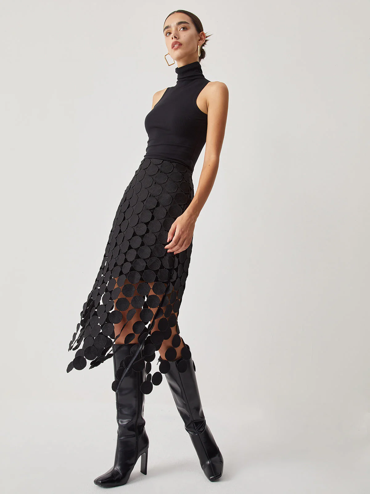Laser Cut Circle Midi Skirt in Black - Image 2
