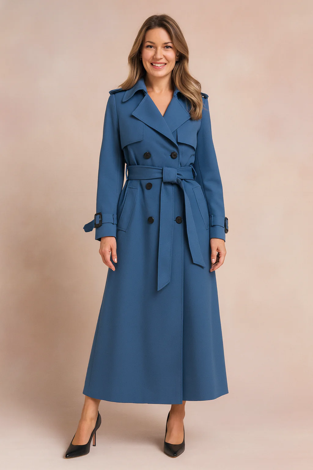 Long Belted Trench Coat with Buckle Detail for Women - Image 2