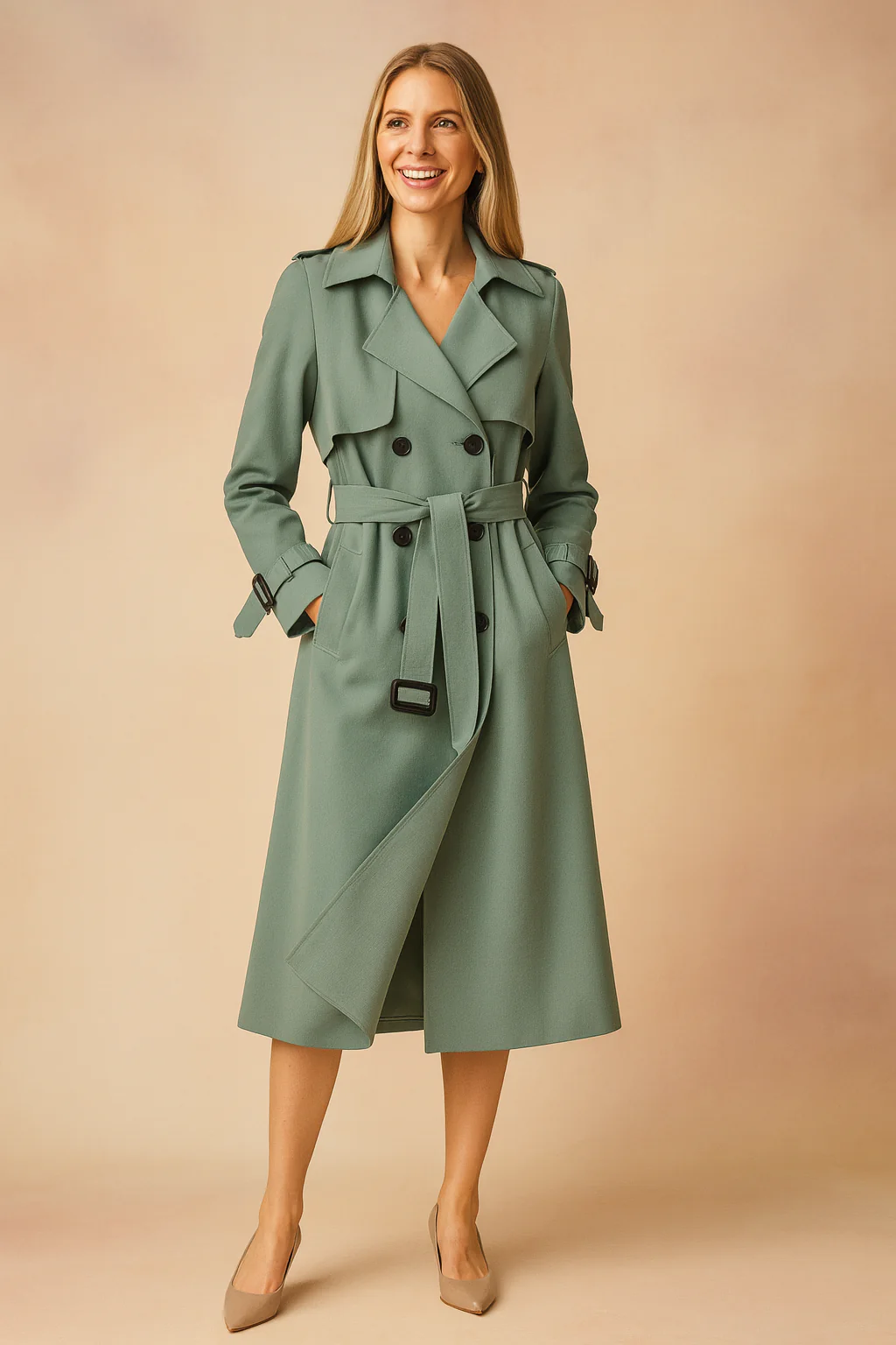 Long Belted Trench Coat with Buckle Detail for Women - Image 4