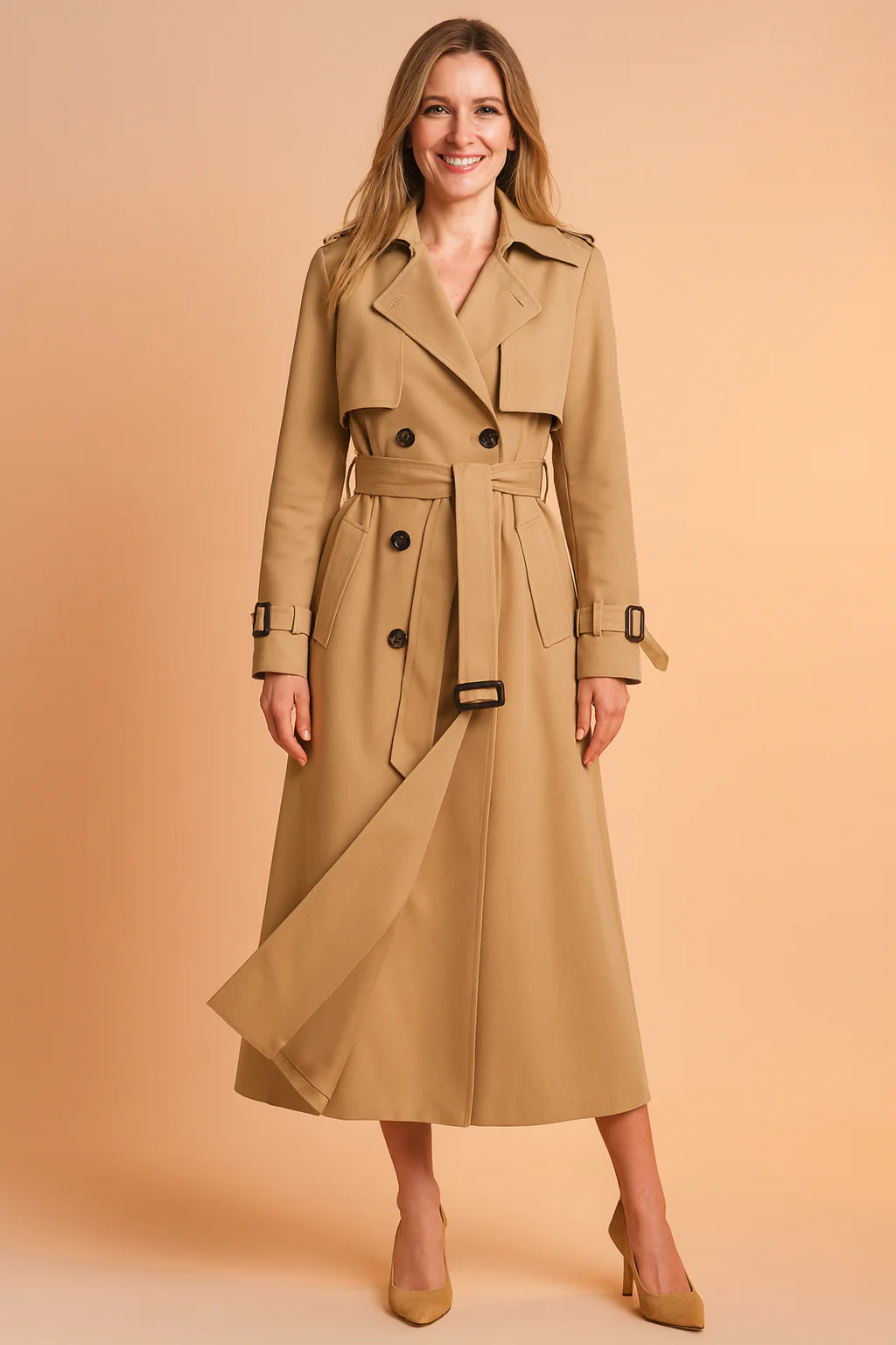Long Belted Trench Coat with Buckle Detail for Women - Image 5