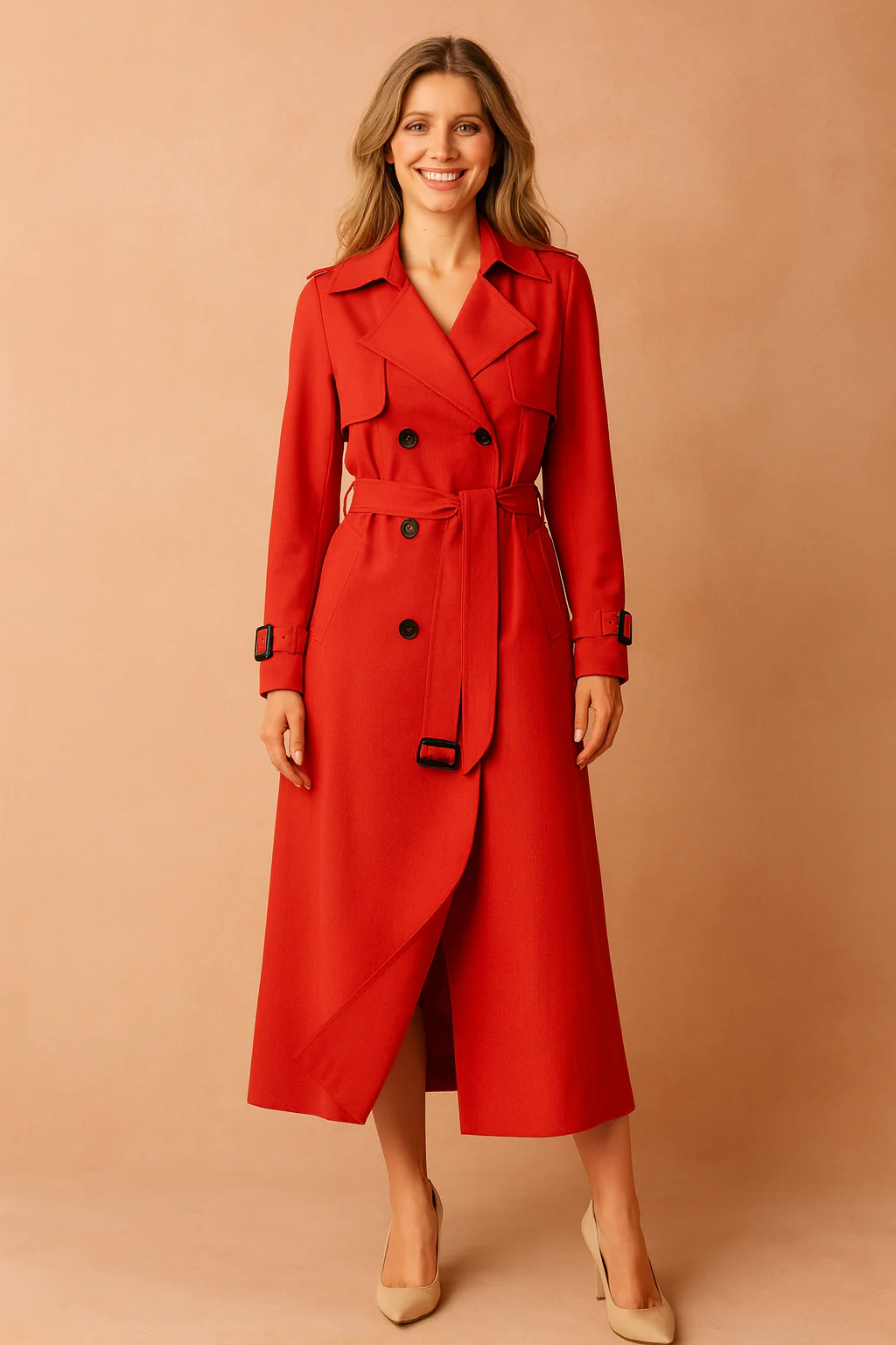 Long Belted Trench Coat with Buckle Detail for Women - Image 6