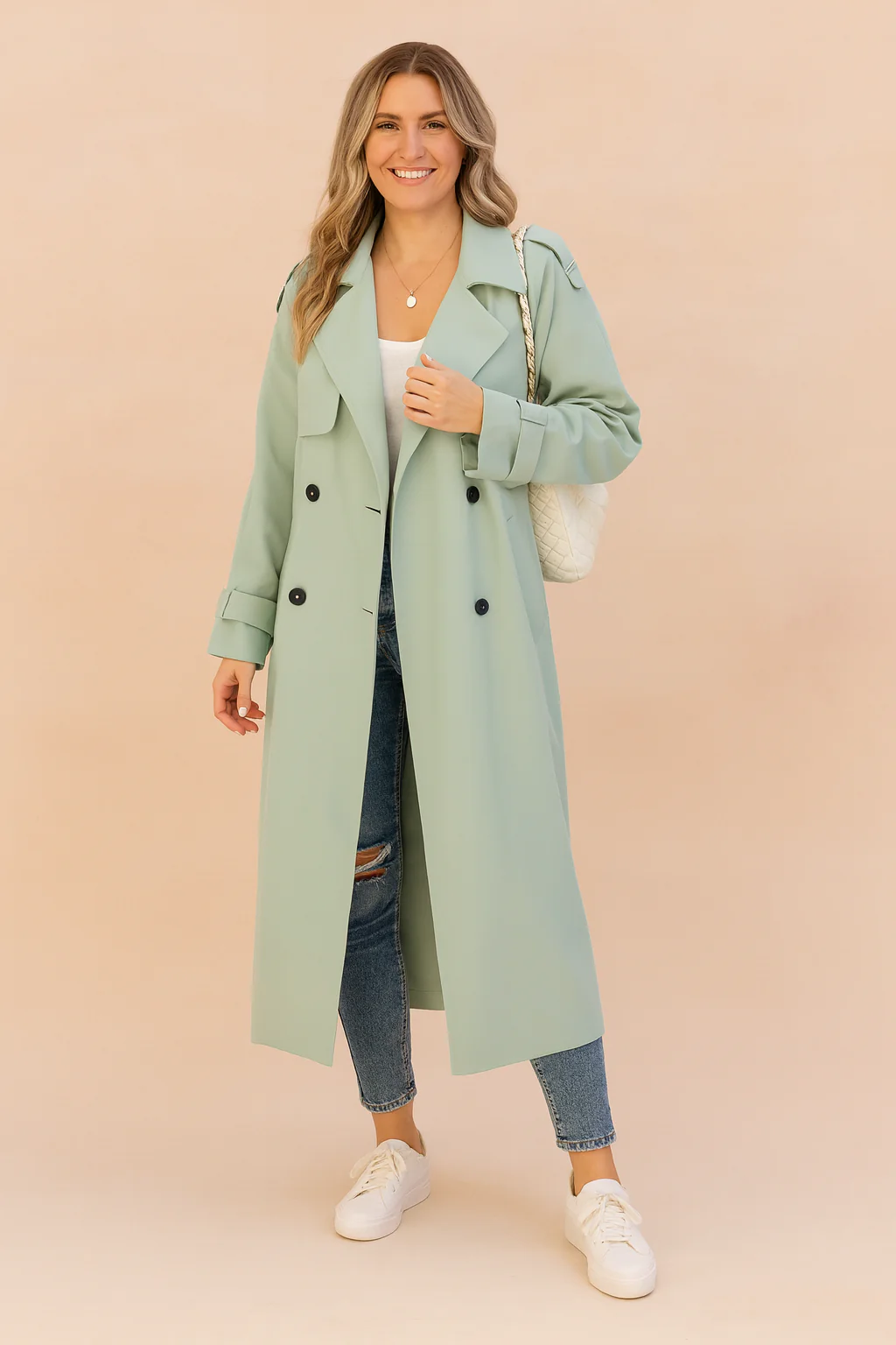 Long Double-Breasted Trench Coat with Belt for Women - Image 3
