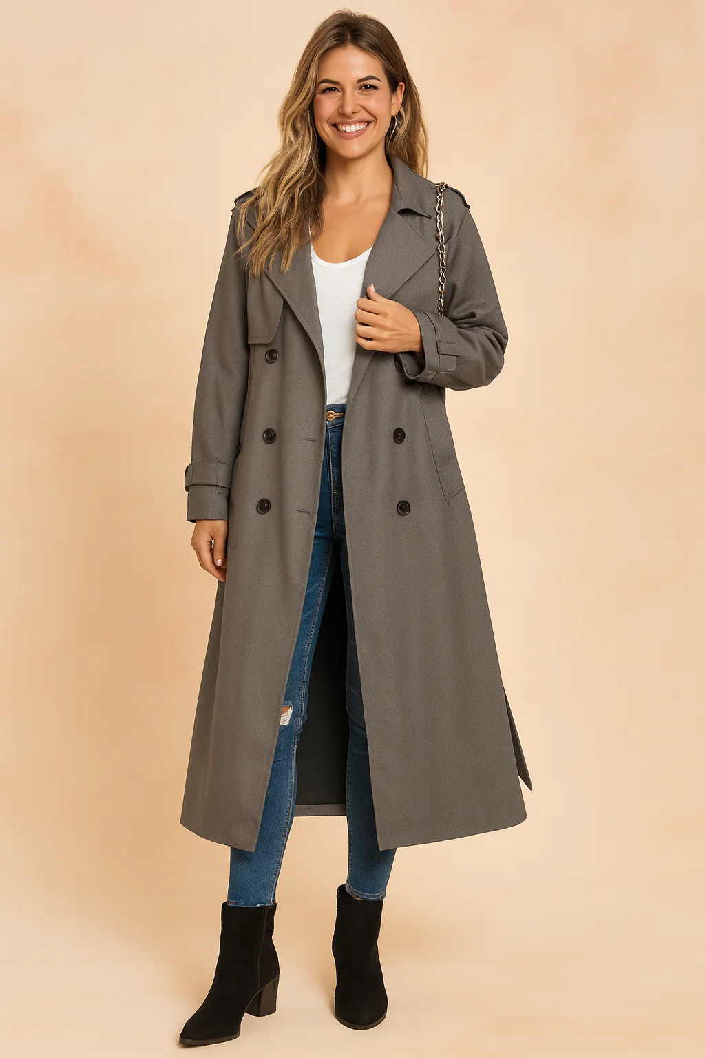 Long Double-Breasted Trench Coat with Belt for Women - Image 4