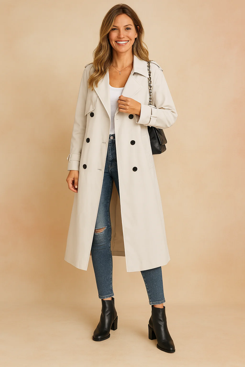 Long Double-Breasted Trench Coat with Belt for Women - Image 5