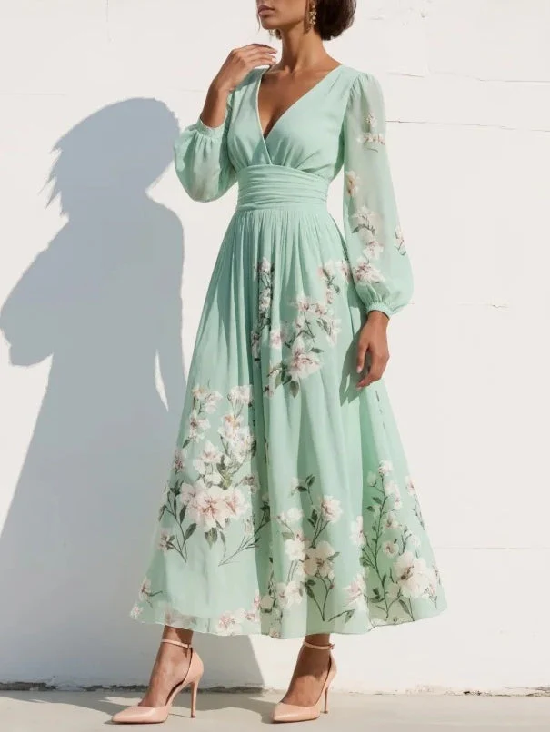 Long Sleeve Floral Midi Dress with Pleated Skirt - Image 2