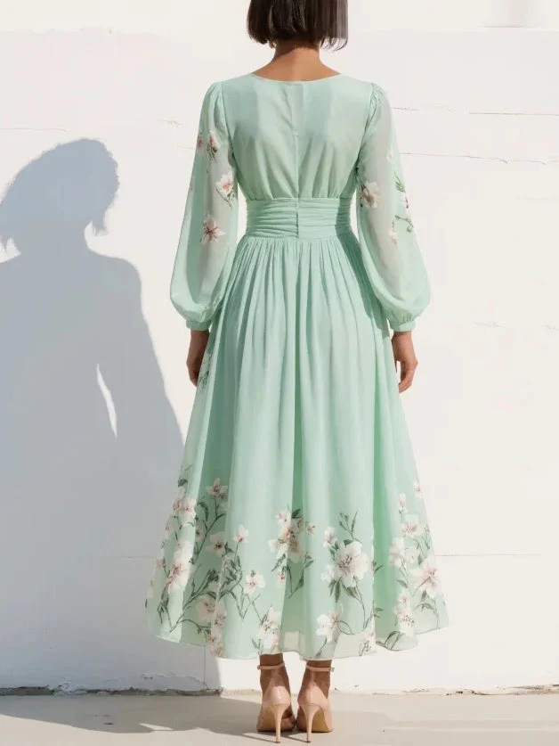 Long Sleeve Floral Midi Dress with Pleated Skirt - Image 3