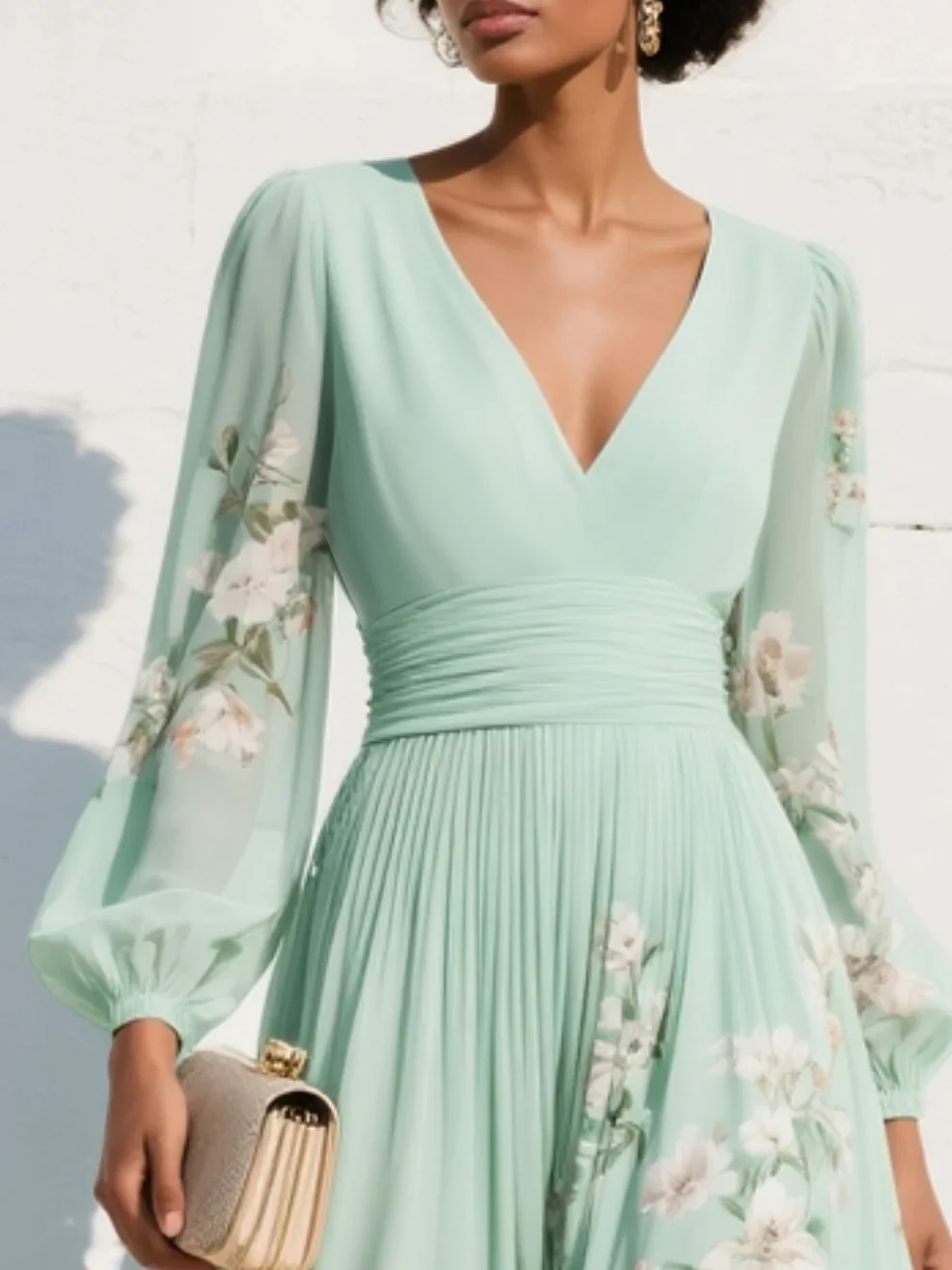 Long Sleeve Floral Midi Dress with Pleated Skirt - Image 4