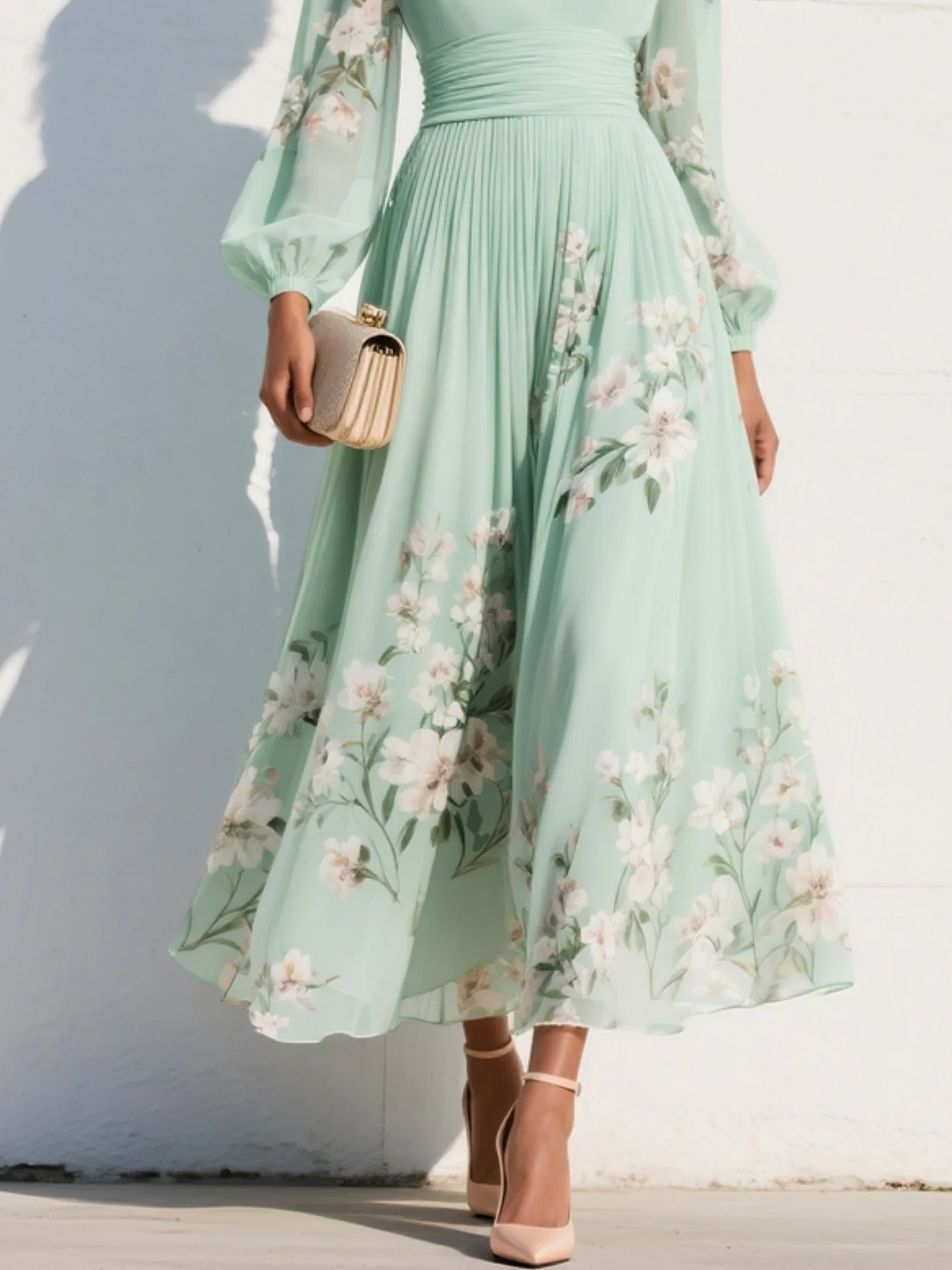 Long Sleeve Floral Midi Dress with Pleated Skirt - Image 5