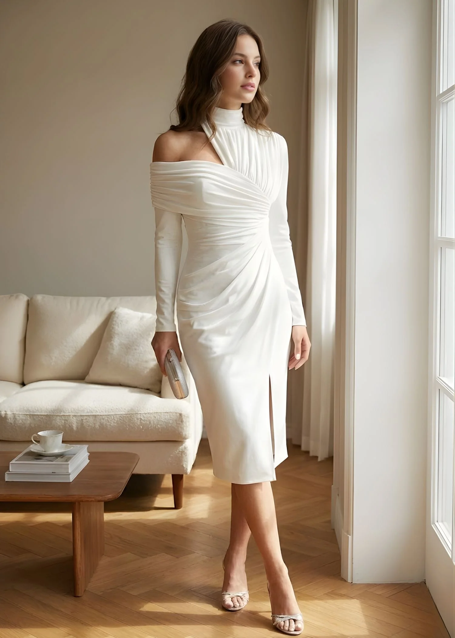 Long Sleeve One Shoulder Bodycon Midi Dress with Slit - Wedding Guest Cocktail Dress - Image 2