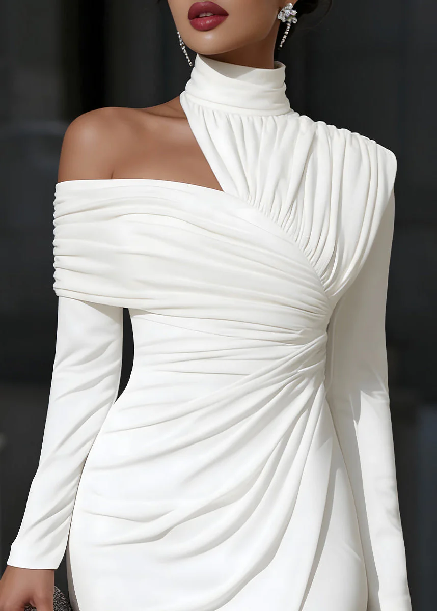 Long Sleeve One Shoulder Bodycon Midi Dress with Slit - Wedding Guest Cocktail Dress - Image 9