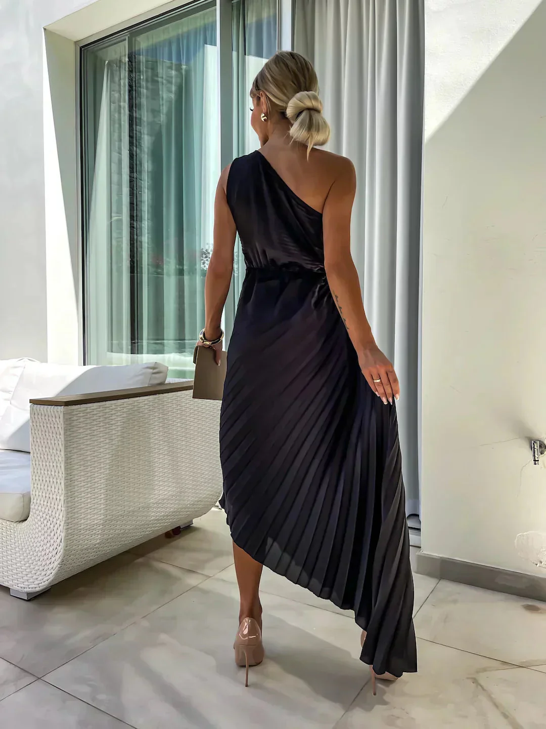 Elegant Shoulder Pleated Special Occasion Midi Dress - Image 7