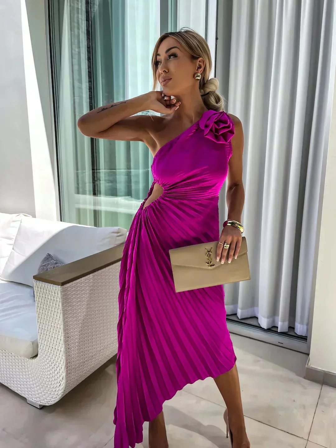 Elegant Shoulder Pleated Special Occasion Midi Dress - Image 9