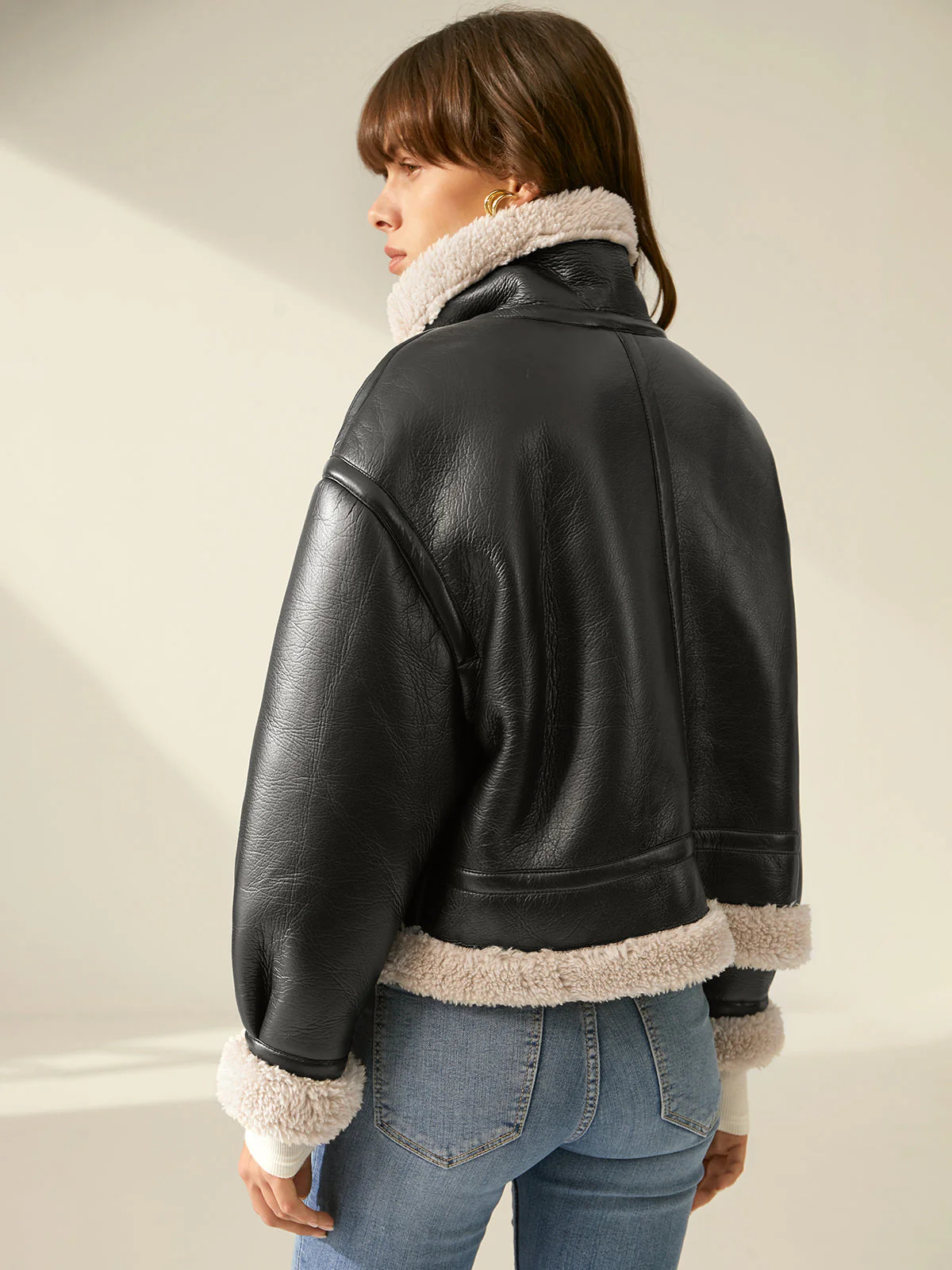 Women's Faux Leather Flight Jacket with Sherpa Lining - Image 3