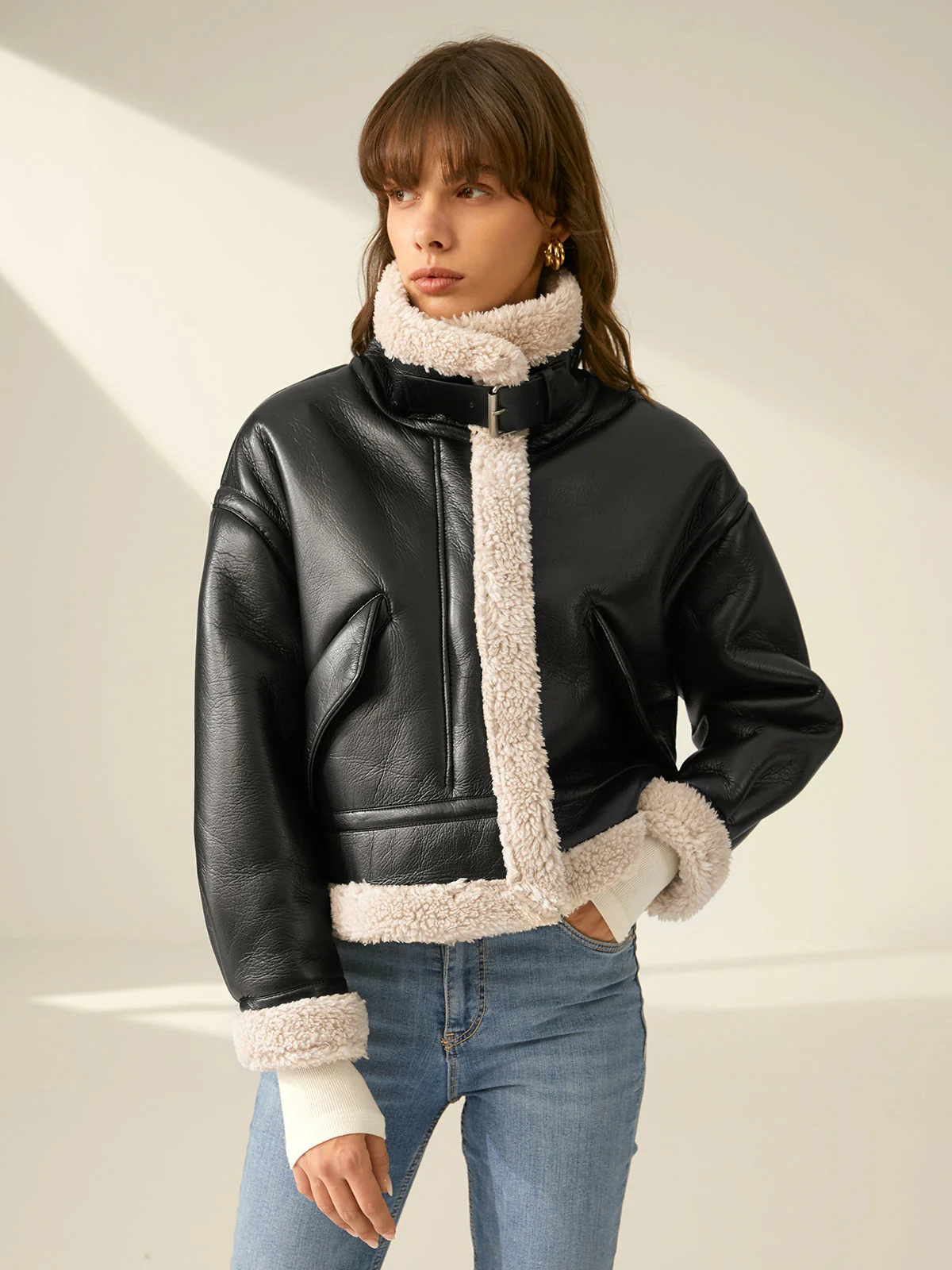 Women's Faux Leather Flight Jacket with Sherpa Lining - Image 4