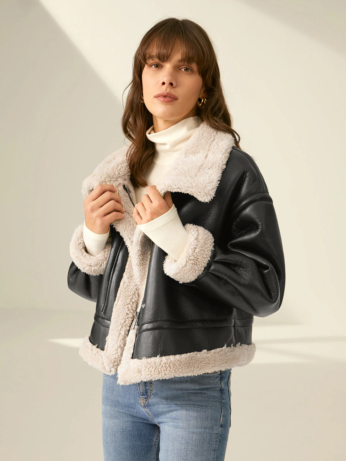 Women's Faux Leather Flight Jacket with Sherpa Lining - Image 5