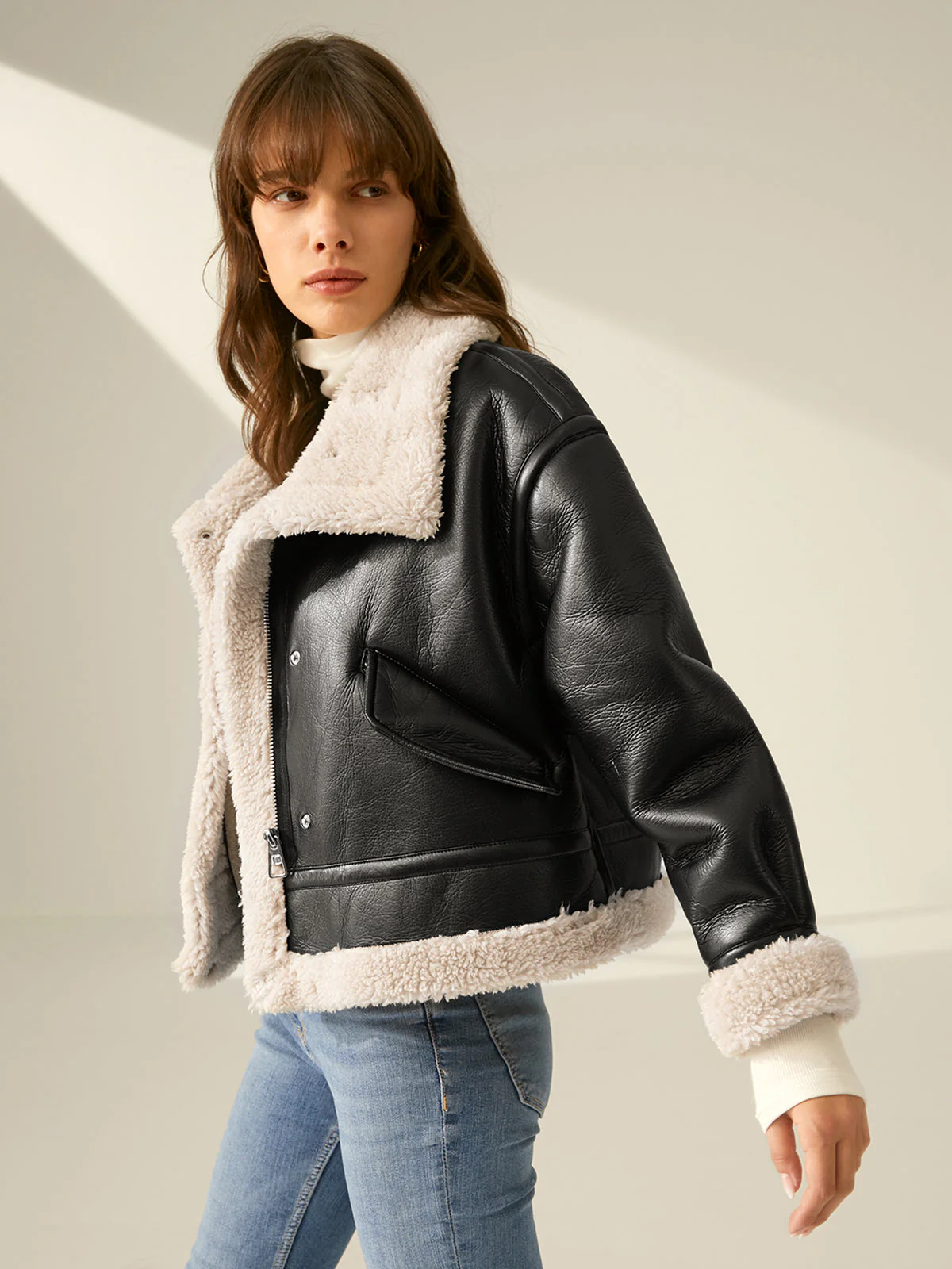 Women's Faux Leather Flight Jacket with Sherpa Lining - Image 6