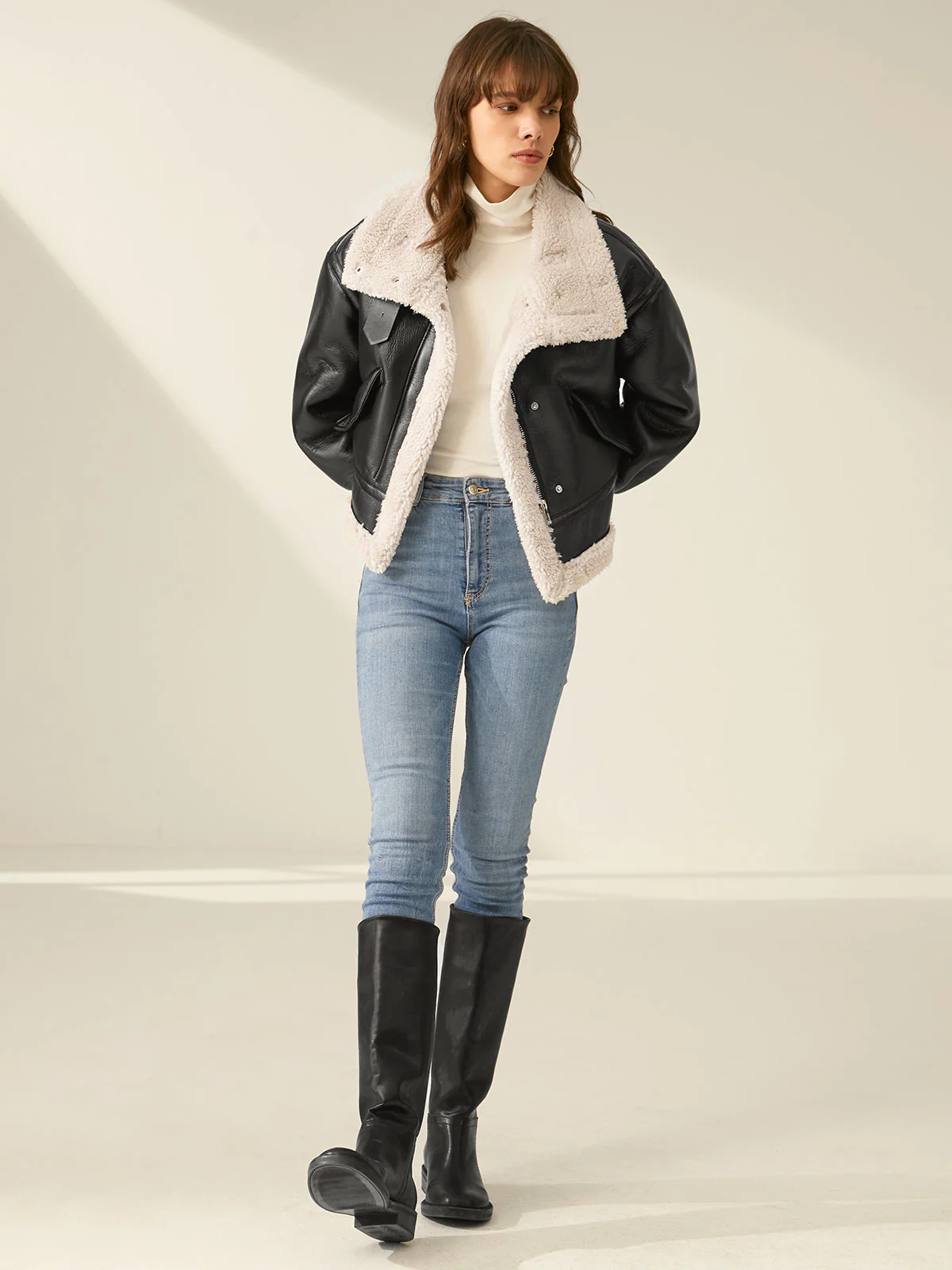 Women's Faux Leather Flight Jacket with Sherpa Lining - Image 7