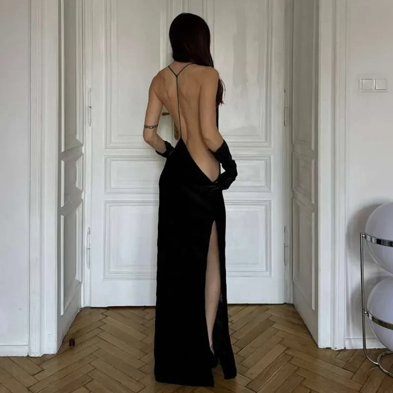 Sheer Mesh Halter Open Back Maxi Dress - Image 3