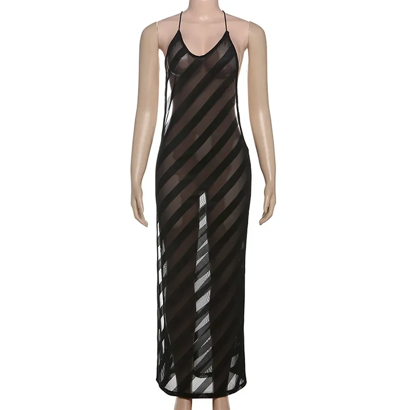 Sheer Mesh Halter Open Back Maxi Dress - Image 4