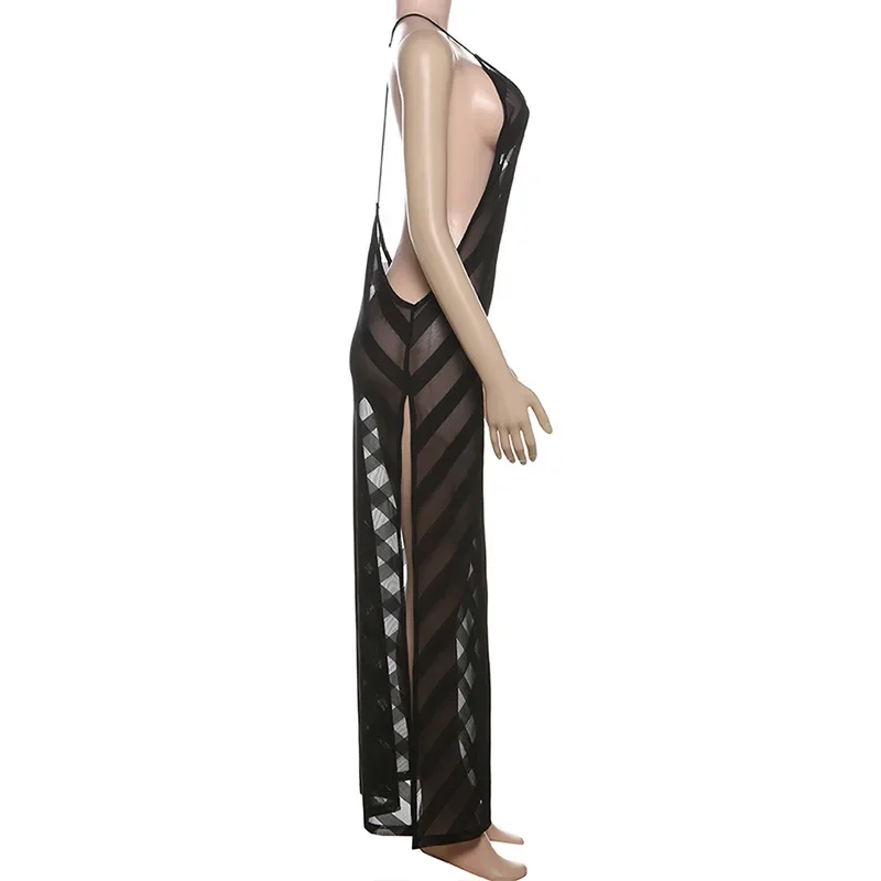 Sheer Mesh Halter Open Back Maxi Dress - Image 5