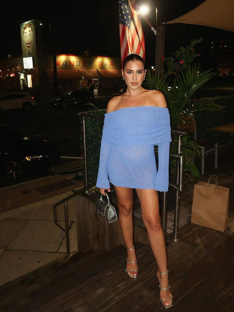 Off-Shoulder Bouclé Knit Long Sleeve Mini Dress - Image 7