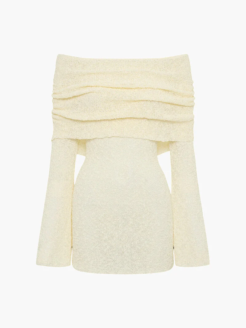 Off-Shoulder Bouclé Knit Long Sleeve Mini Dress - Image 9