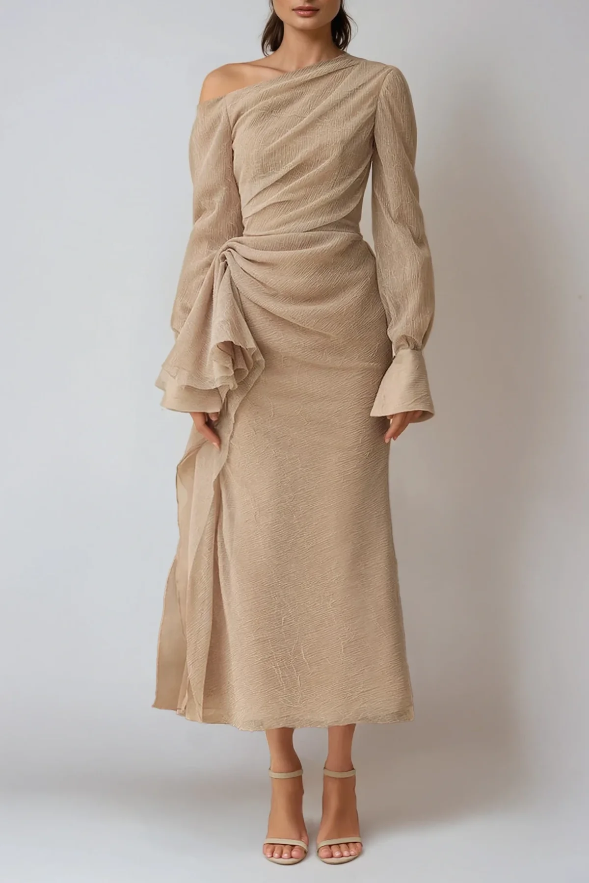One-Shoulder Draped Long Sleeve Formal Maxi Dress