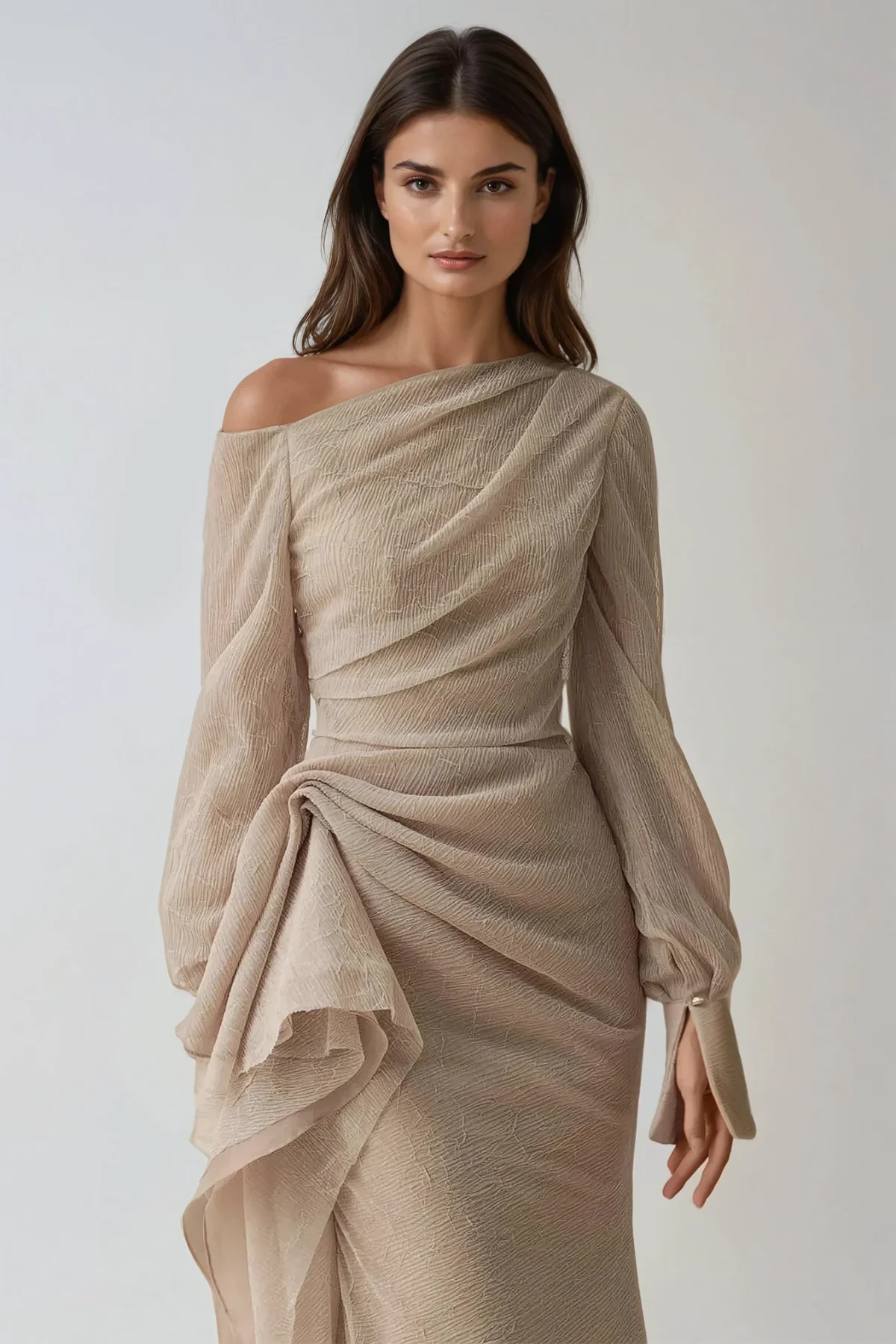 One-Shoulder Draped Long Sleeve Formal Maxi Dress - Image 4