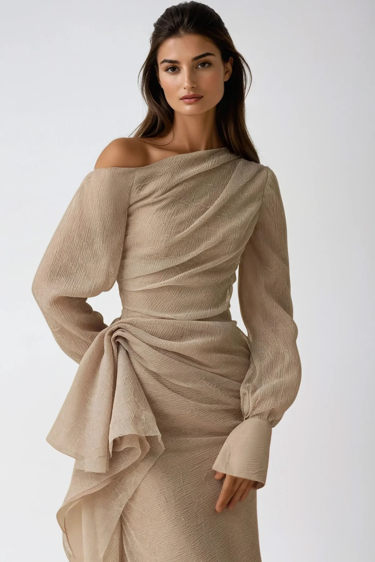 One-Shoulder Draped Long Sleeve Formal Maxi Dress - Image 6