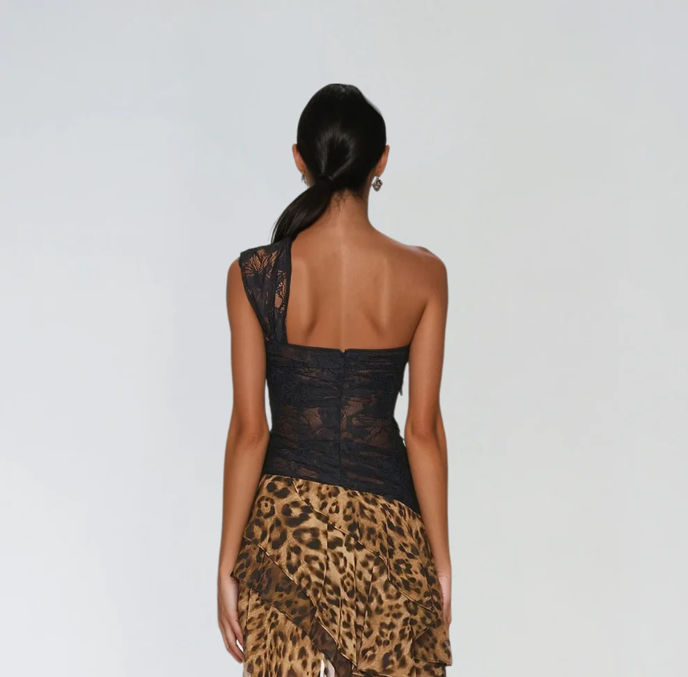 One-Shoulder Lace and Leopard Print Asymmetric Maxi Dress - Image 3