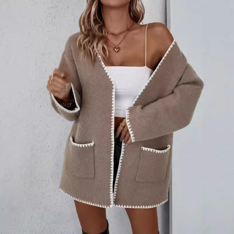 Open Front Long Sleeve Cardigan - Knit Pocket Cardigan