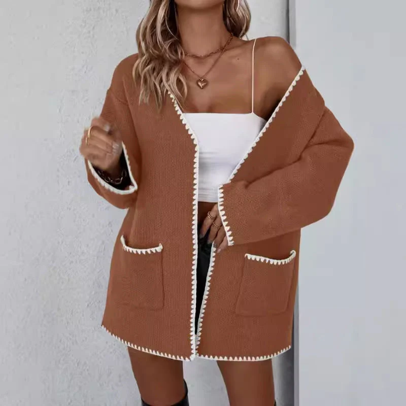 Open Front Long Sleeve Cardigan - Knit Pocket Cardigan - Image 2